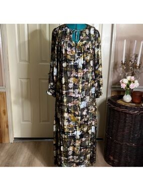 Anthropologie Black/multi colors, gold accents long dress small